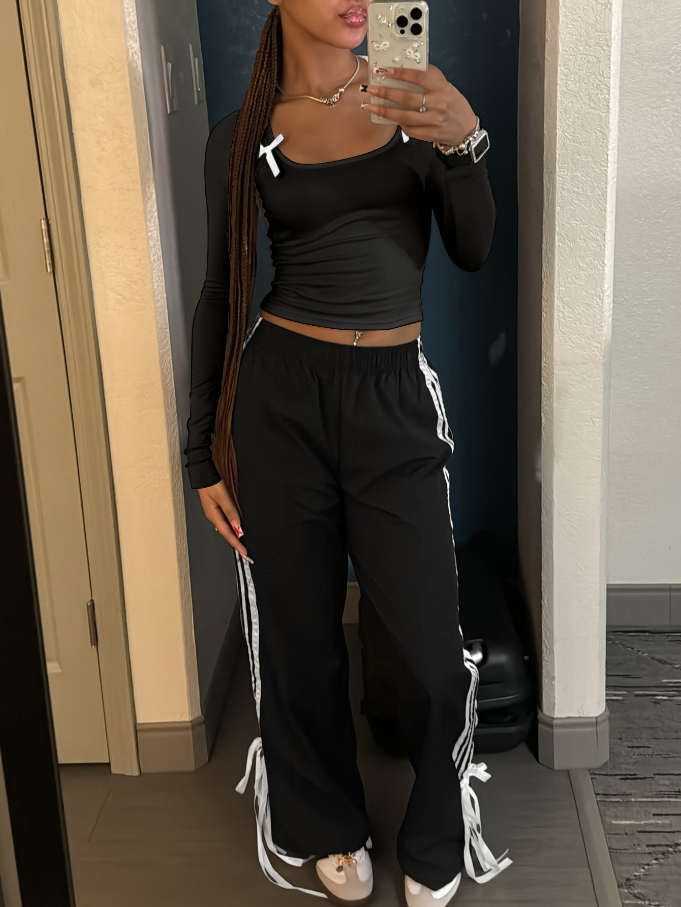LW Casual Tatting Pit Article Fabrics U Neck Bandage Design Striped Long Sleeve Two-piece Pants Set
